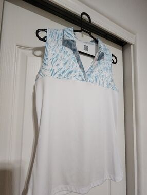 Callaway White Tank Top with Light Blue Patterned Yoke